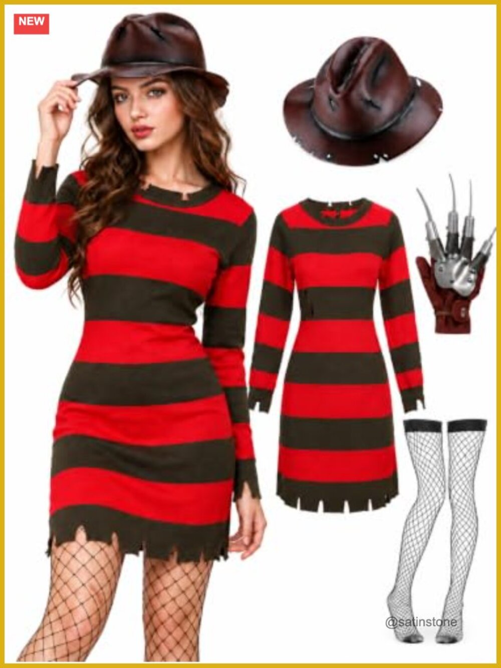 Women's Scary Killer Costume Set Striped Knit Dress Hat Claw Glove Halloween